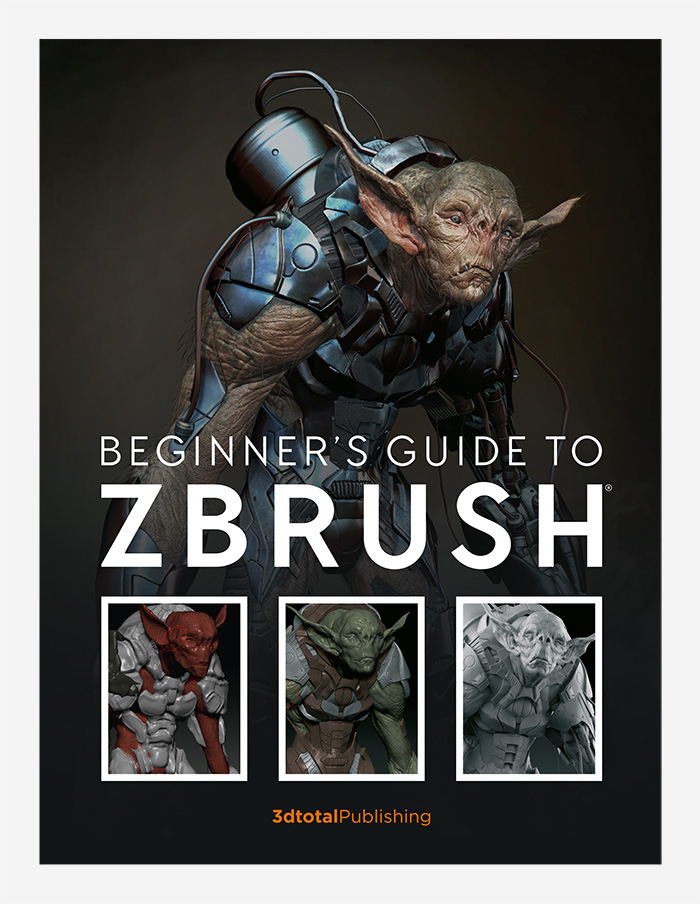 Cover of 'Beginner's Guide to Zbrush' book, showing a goblin-like fantasy character wearing a suit of futuristic metal armor.