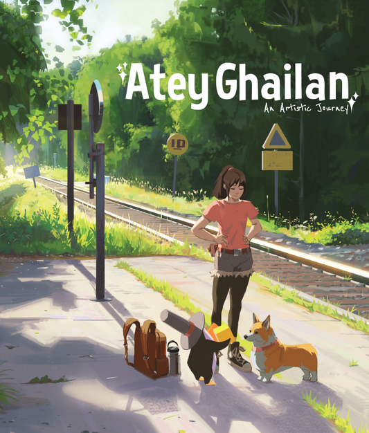 Digital art showing a woman with a corgi and penguin standing by a railway for the book cover saying 'Atey Ghailan' 
