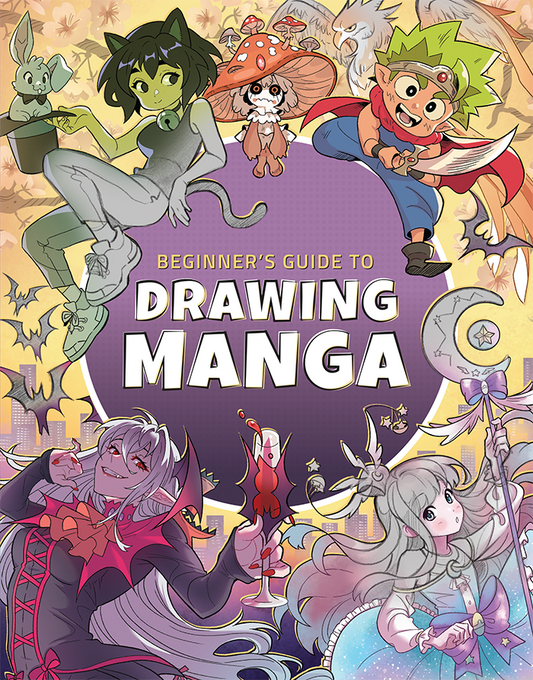 'Beginner's Guide to Drawing Manga' cover, featuring colourful cartoon characters including princesses, vampires, and heroes.