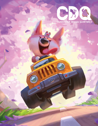 Character Design Quarterly cover of an illustrated happy corgi driving a Jeep