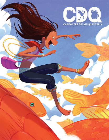 Character Design Quarterly cover of an illustrated girl jumping through clouds with giant goldfish