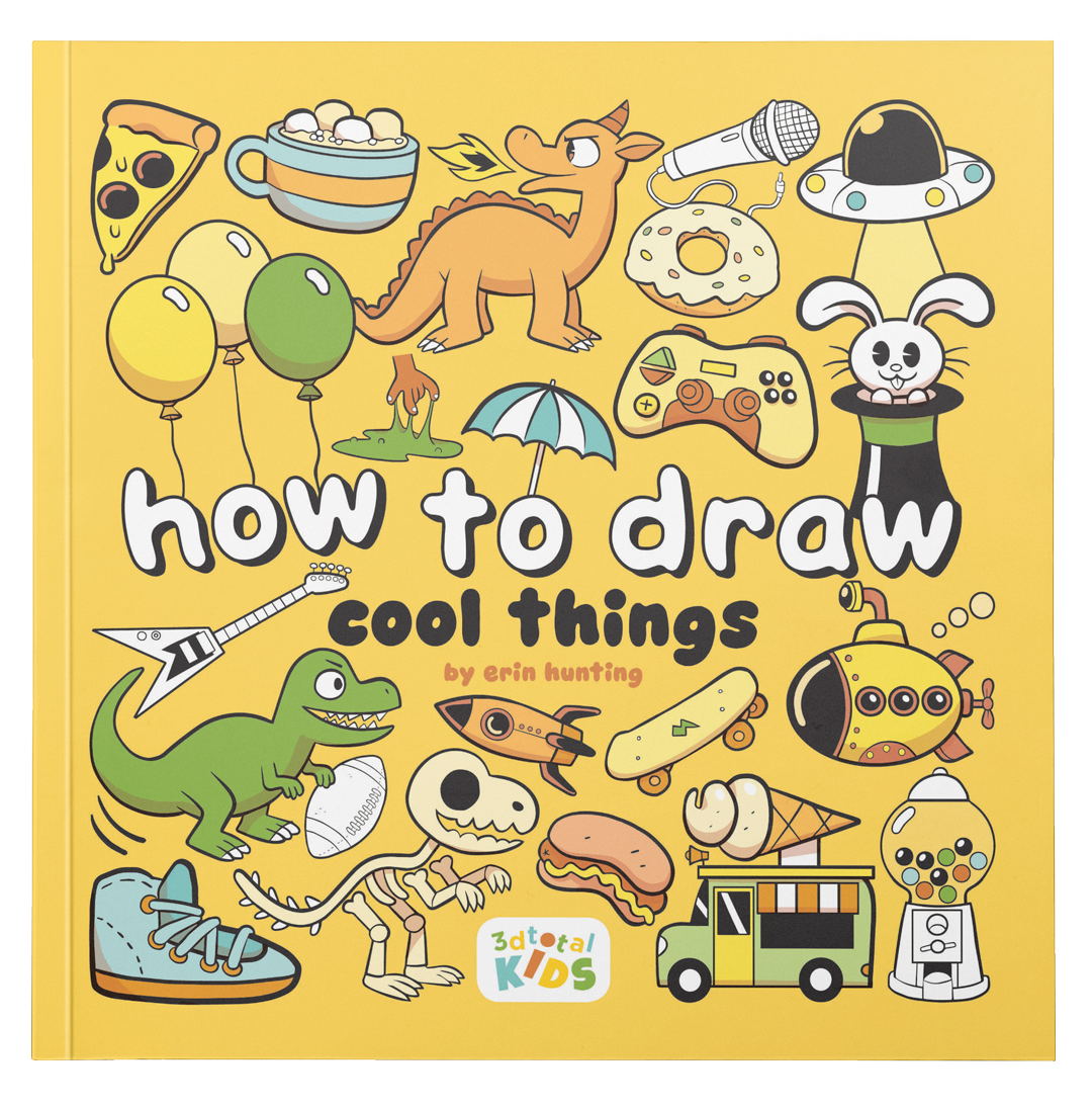 Yellow cover of 'How to Draw Cool Things by Erin Hunting', showing a big variety of cute cartoon dinosaurs, food and objects.