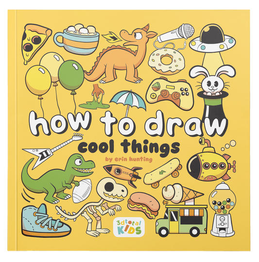Yellow cover of 'How to Draw Cool Things by Erin Hunting', showing a big variety of cute cartoon dinosaurs, food and objects.