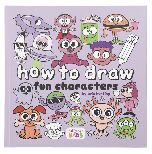 Purple cover of 'How to Draw Fun Characters by Erin Hunting', showing a variety of cute cartoon animals, aliens, and objects.