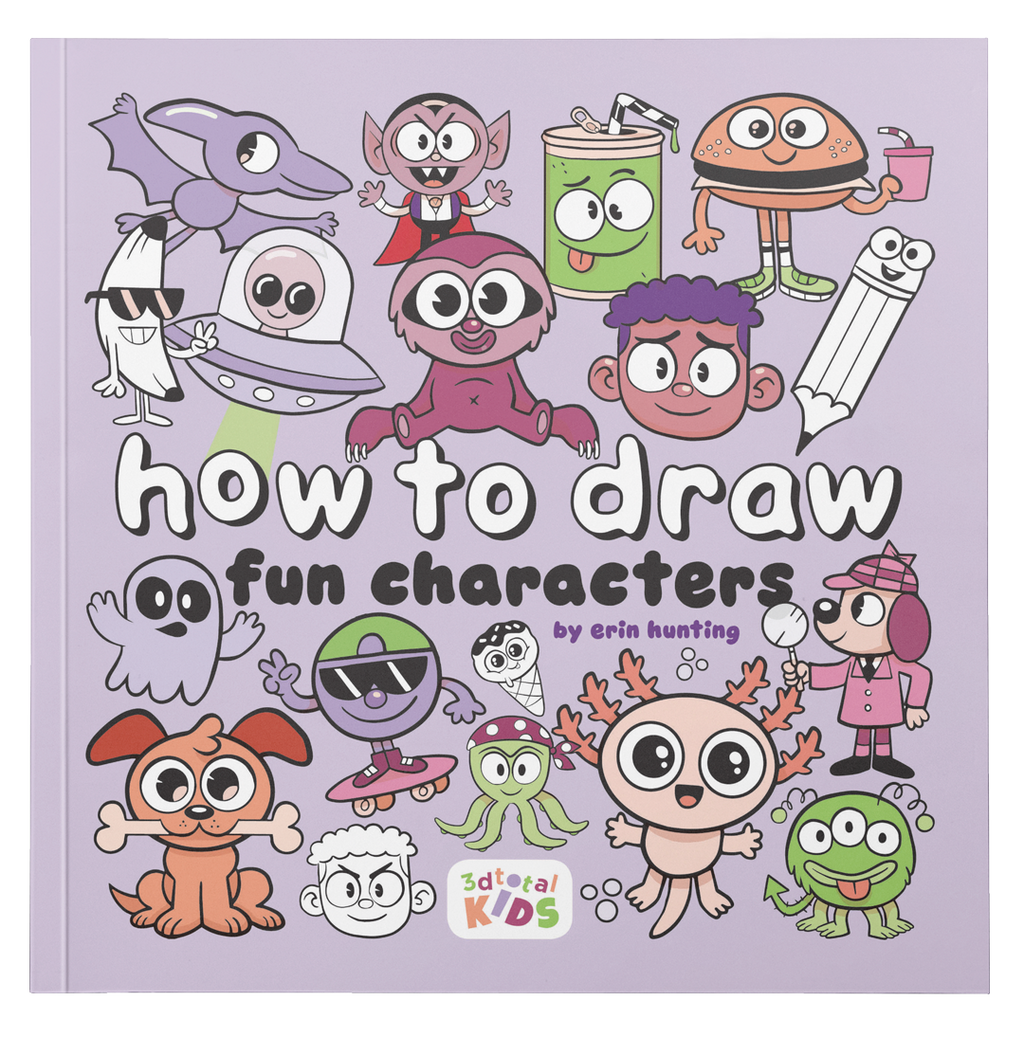Purple cover of 'How to Draw Fun Characters by Erin Hunting', showing a variety of cute cartoon animals, aliens, and objects.