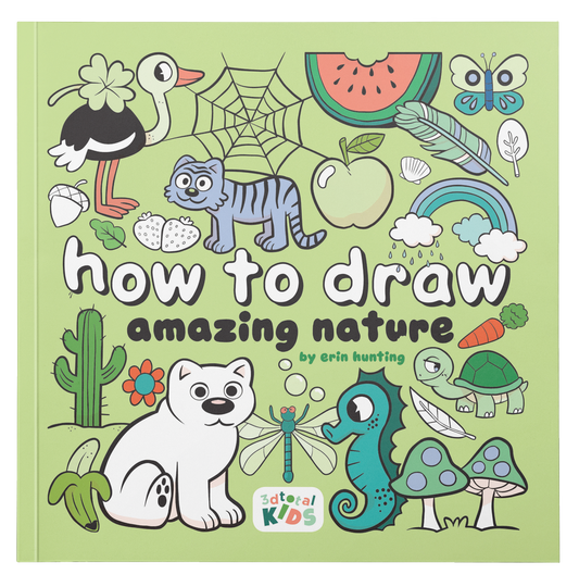 Green cover of 'How to Draw Amazing Nature by Erin Hunting', showing a variety of cute cartoony animals, plants, and objects.