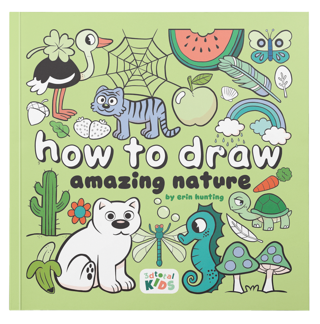 Green cover of 'How to Draw Amazing Nature by Erin Hunting', showing a variety of cute cartoony animals, plants, and objects.