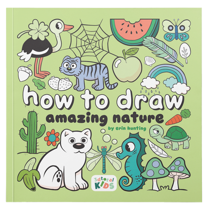 Green cover of 'How to Draw Amazing Nature by Erin Hunting', showing a variety of cute cartoony animals, plants, and objects.