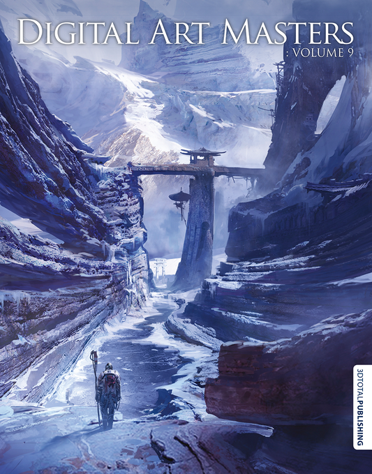 'Digital Art Masters: Volume 9' sci-fi cover showing a lone human wandering a barren, harsh, alien landscape of snow and ice.
