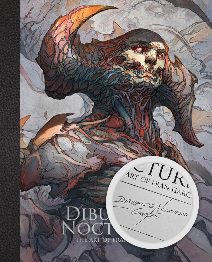 'Dibujante Nocturno: The Art of Fran Garces' grey cover showing a mysterious, deity-like figure with huge horns and red eyes.
