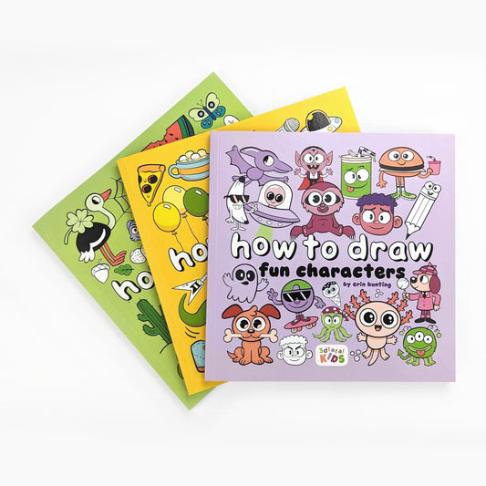 A collection of three books. The covers are green, yellow, and purple, and show a variety of cartoons characters and objects.