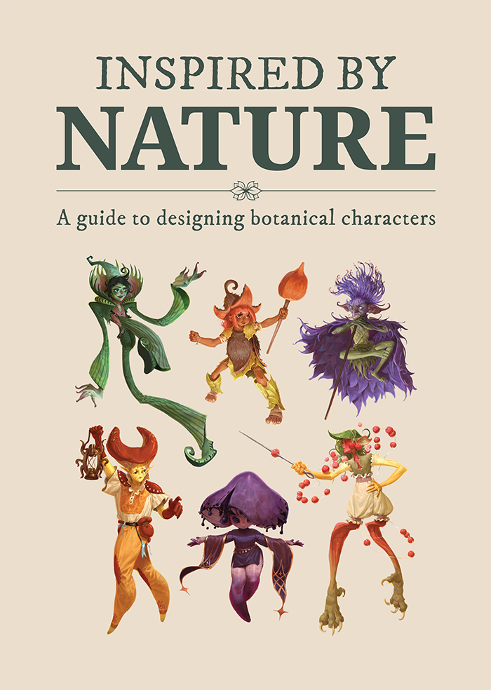 'Inspired By Nature: A guide to designing botanical characters' book cover, showing pixies resembling flowers, leaves, fungi.