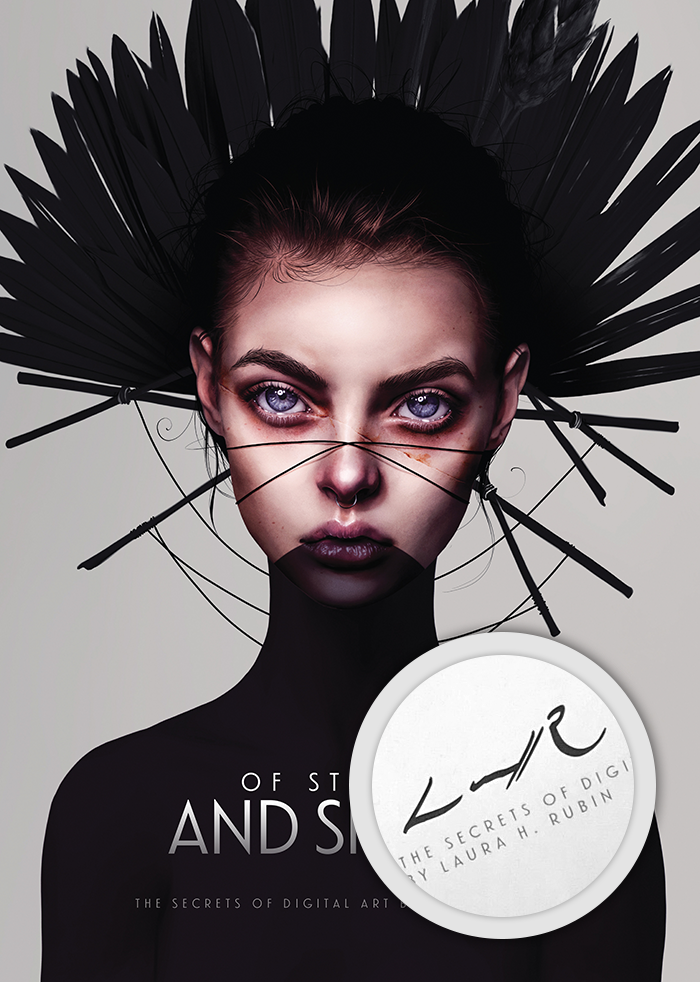 Black, white and grey cover of 'Of Strokes & Shades' book. A beautiful woman with purple eyes looking directly at the viewer.