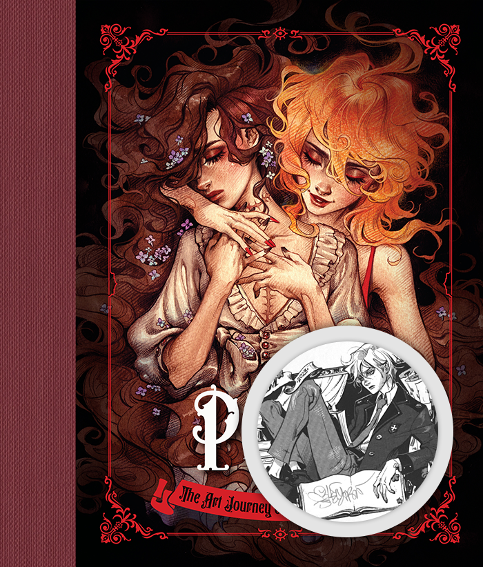 Red and black cover of 'Prism: The Art of Cosmic Spectrum', showing a ginger-haired woman intimately hugging a brunette woman
