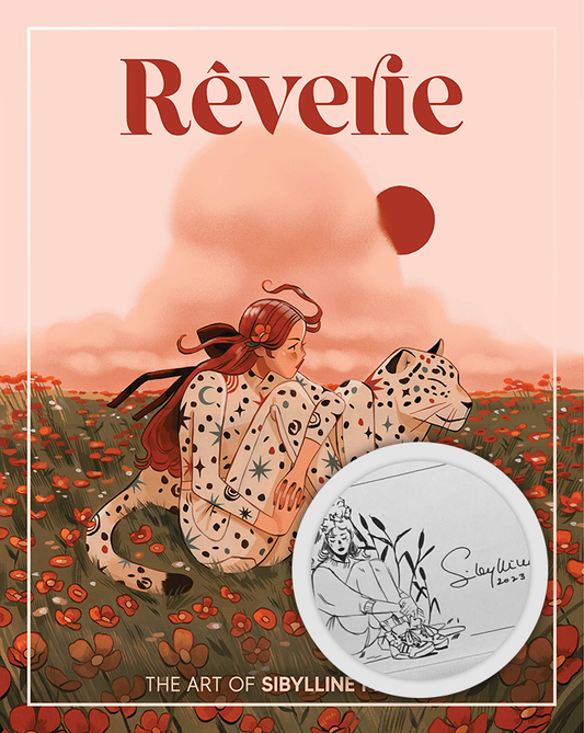 Red cover of 'Reverie' by Sibylline Meynet depicting a spotted cat and a woman wearing spots, sat in a meadow of red flowers.