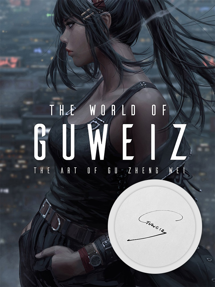 Grey cover of 'The World of Guweiz: The Art of Gu Zheng Wei' book, showing a woman with long dark hair, wearing black clothes