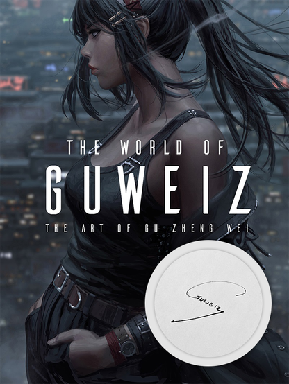 Grey cover of 'The World of Guweiz: The Art of Gu Zheng Wei' book, showing a woman with long dark hair, wearing black clothes