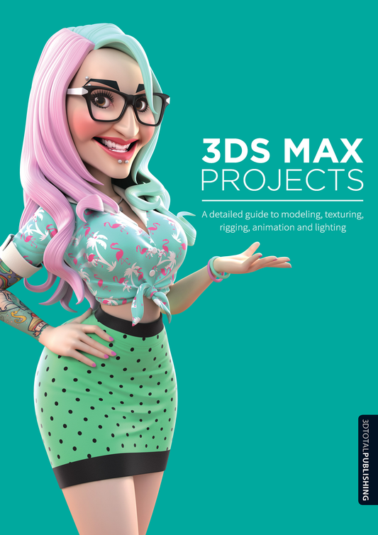 Cyan book cover showing a smiling woman with pink/cyan hair, wearing glasses, gesturing towards the title '3DS Max Projects'.