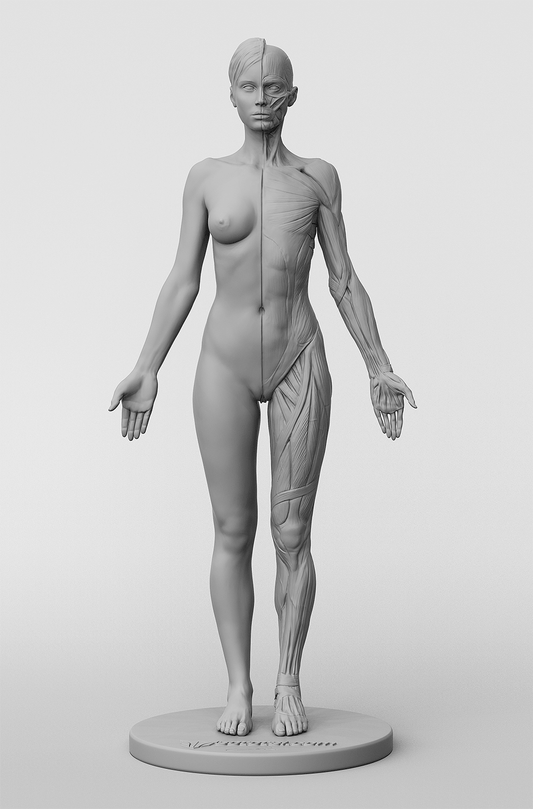 3d half skin and half detailed muscle group female figure