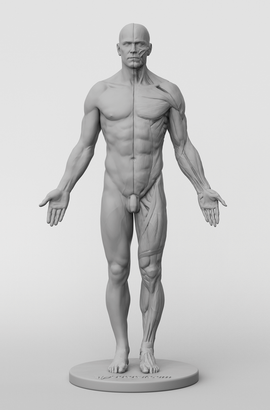 3d half skin and half detailed muscle group male figure
