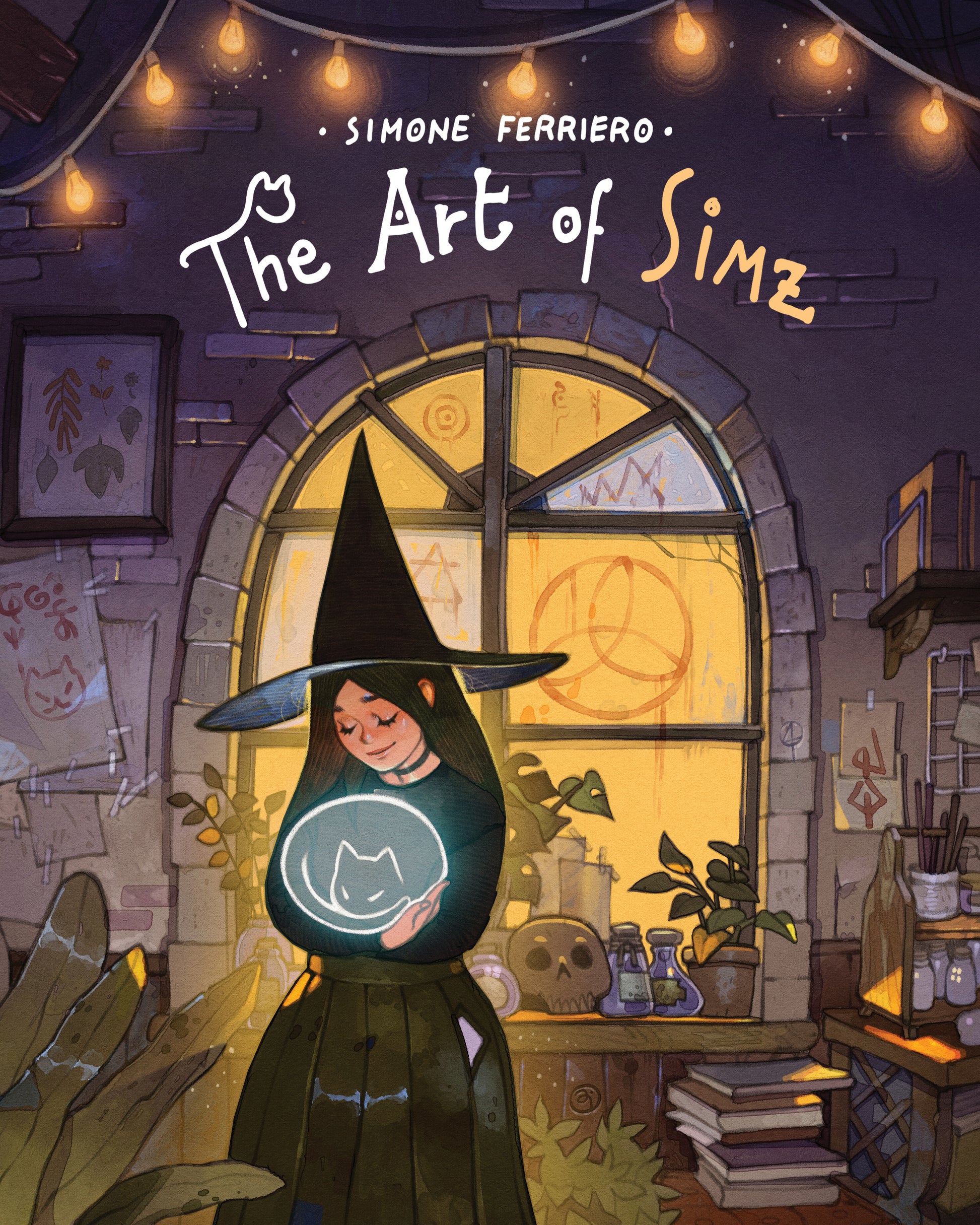 Purple cover of 'The Art of Simz', showing a young witch hugging a cute ghost cat, in a cosy workshop with books and potions.