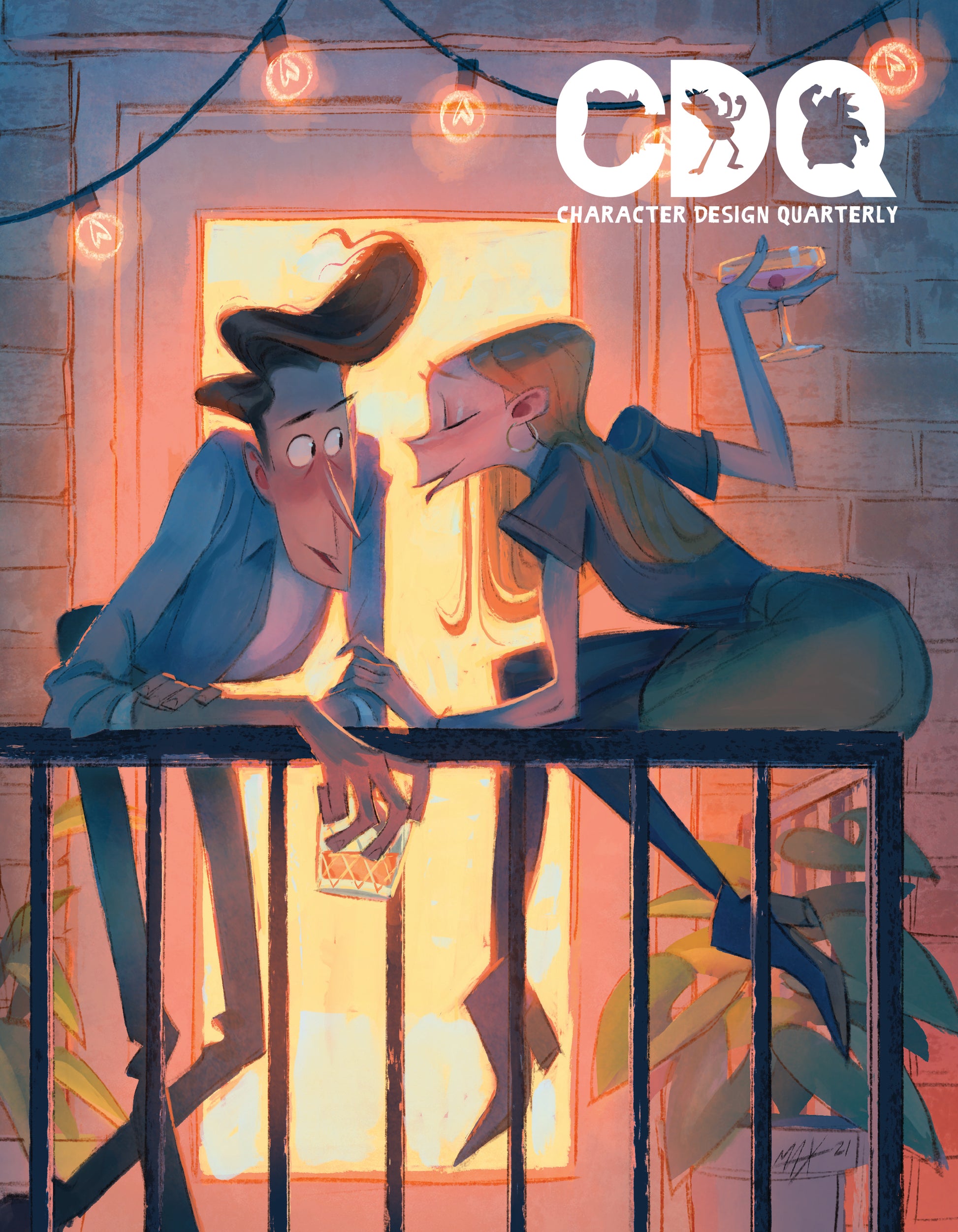 Character Design Quarterly cover of an illustration of a man and woman drinking alcohol on a balcony