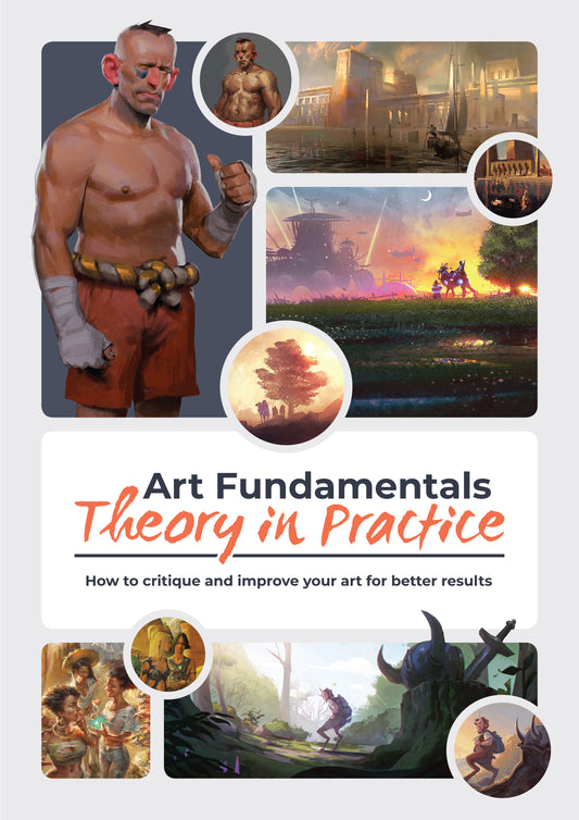 Grey book cover with different artworks of landscapes and environments, and text saying 'Art Fundamentals Theory in Practice'