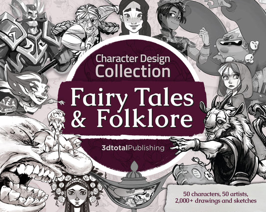 Cover of 'Character Design Collection: Fairy Tales & Folklore' book, showing a variety of grey sketches of fantasy characters