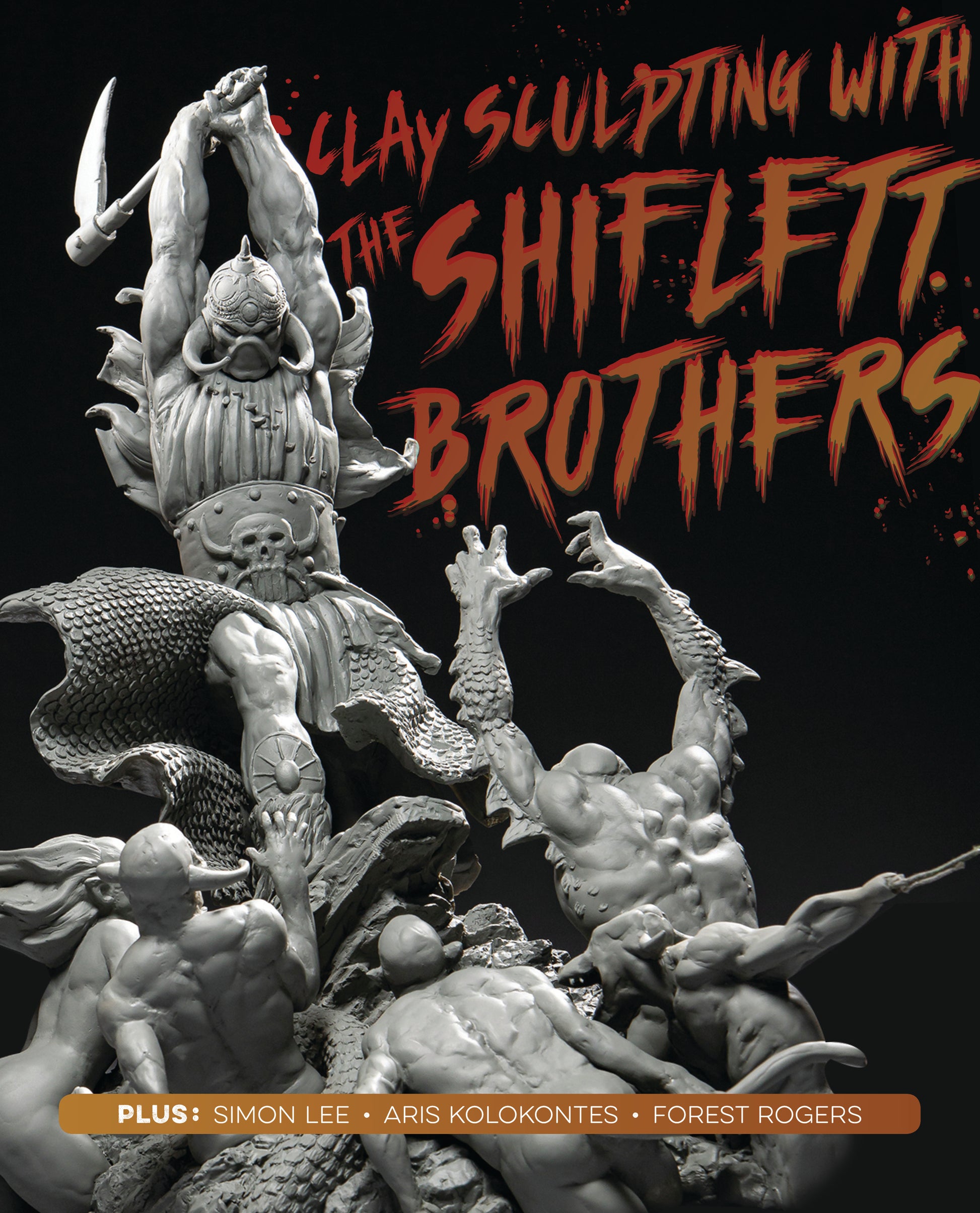 Cover of 'Clay Sculpting With The Shiflett Brothers' book, showing a 3d sculpted scene of a fantasy warrior fighting monsters