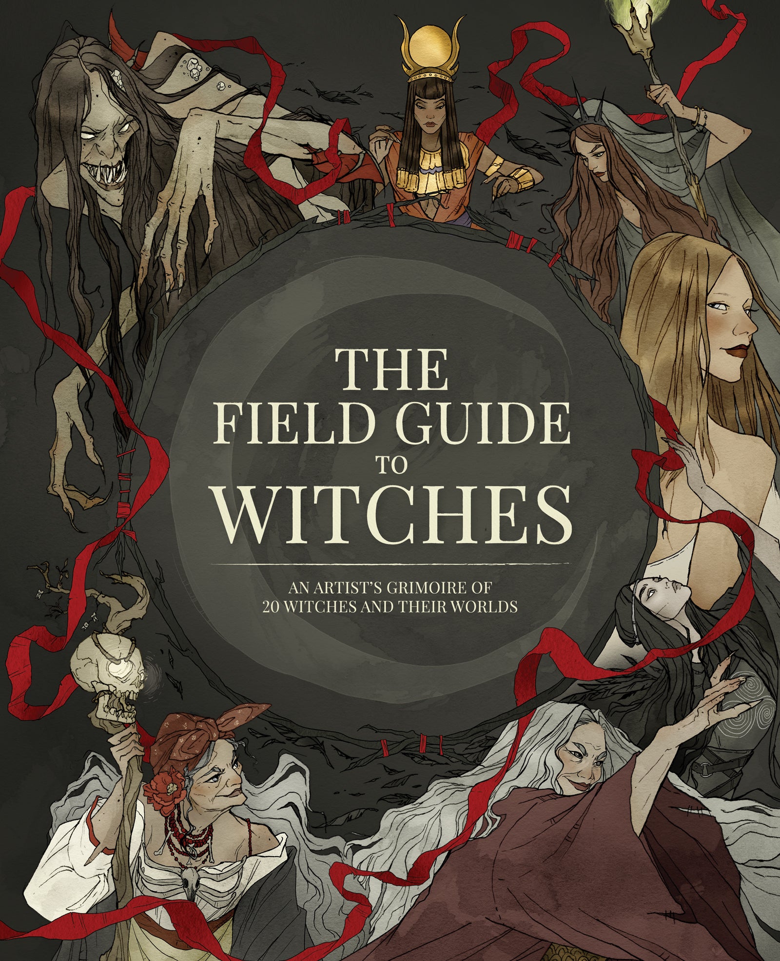 Grey cover of 'The Field Guide To Witches' grimoire, showing a variety of powerful sorceresses, both beautiful and monstrous.