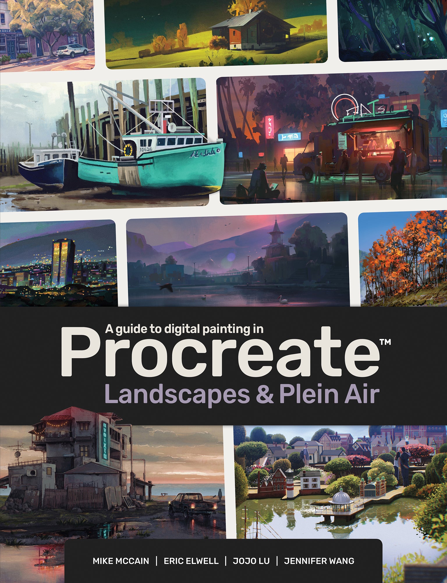 The cover showing title of book, overlaid on a collage of digital artworks depicting buildings, landscapes, and environments.