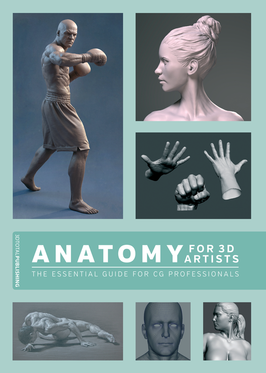 Light Blue book cover showing different anatomy poses saying 'Anatomy for 3D Artists'