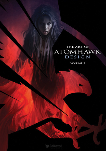 Book cover of 'The Art of Atomhawk Design Volume 1' showing a woman surrounded by fire, the image cut in the shape of a hawk.