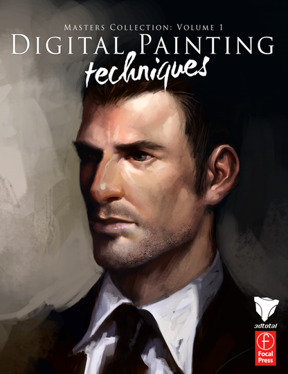 'Digital Painting Techniques: Volume 1' cover, showing a close-up portrait of a stern male character, wearing a suit and tie.