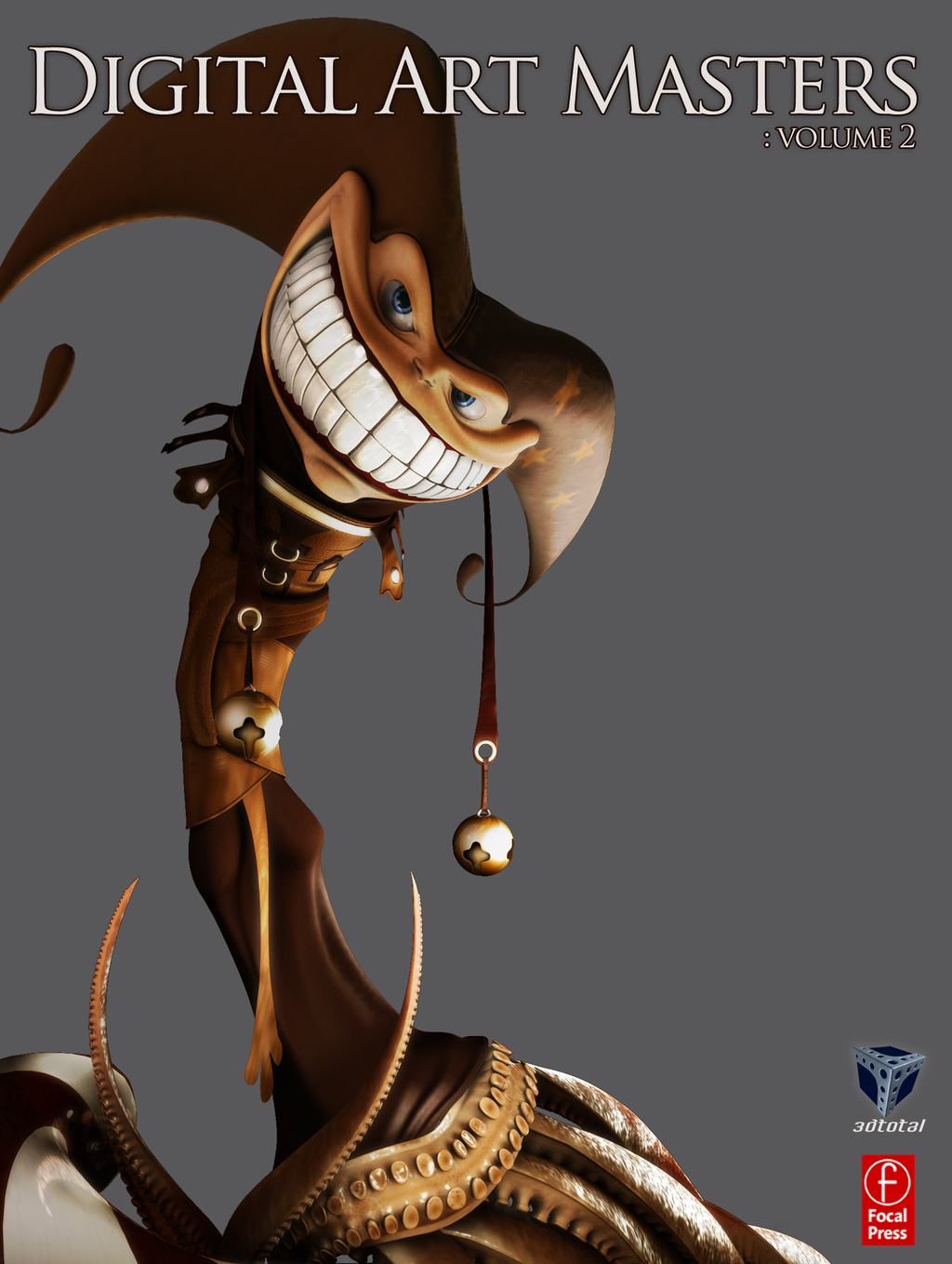 'Digital Art Masters: Volume 2' fantasy cover showing strange-looking court jester with an evil smile, looking at the viewer.