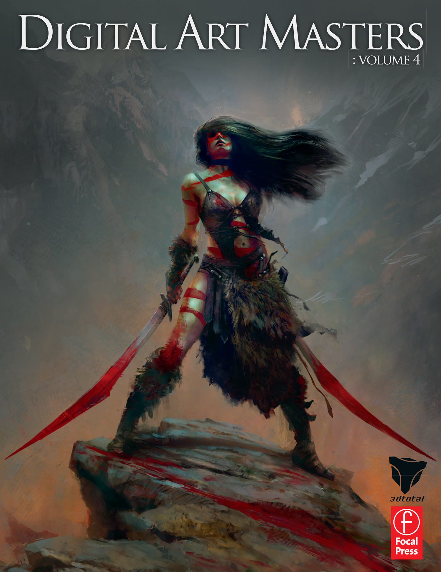 'Digital Art Masters: Volume 4' fantasy cover showing a female warrior covered in blood or red war paint, holding two swords.