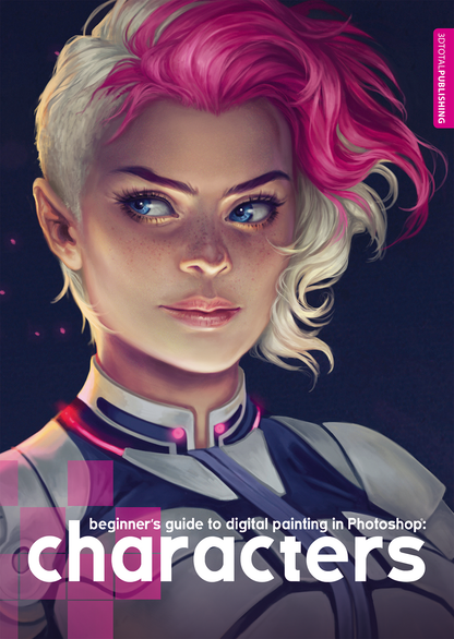 Cover of 'Beginner's Guide to Digital Painting in Photoshop: Characters' book, showing portrait of a sci-fi female character.