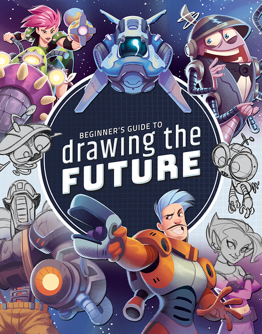 'Beginner's Guide to Drawing The Future' cover, featuring colourful cartoon characters including cyborgs, aliens, and robots.