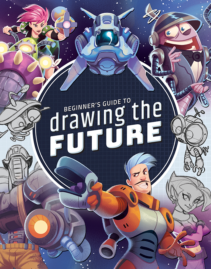 'Beginner's Guide to Drawing The Future' cover, featuring colourful cartoon characters including cyborgs, aliens, and robots.