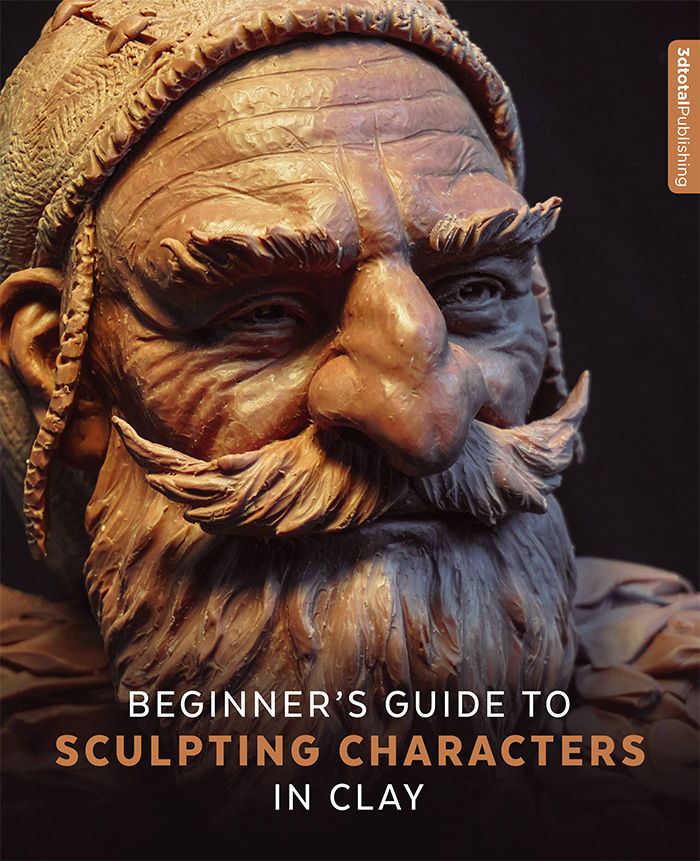 Cover of 'Beginner's Guide to Sculpting Characters In Clay' book, showing a close-up of a bearded male face made out of clay.