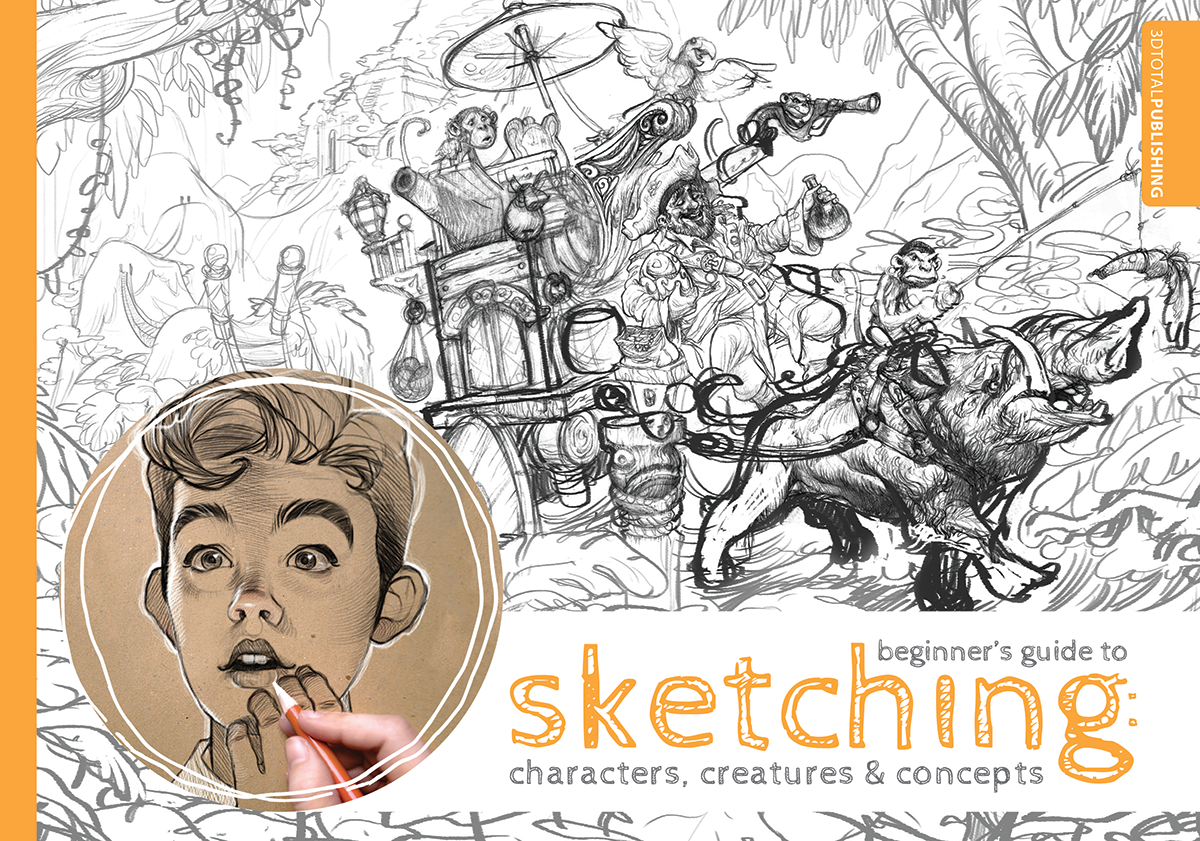 Cover of 'Beginner's Guide to Sketching: Characters, Creatures & Concepts' book, showing two different, traditional sketches.
