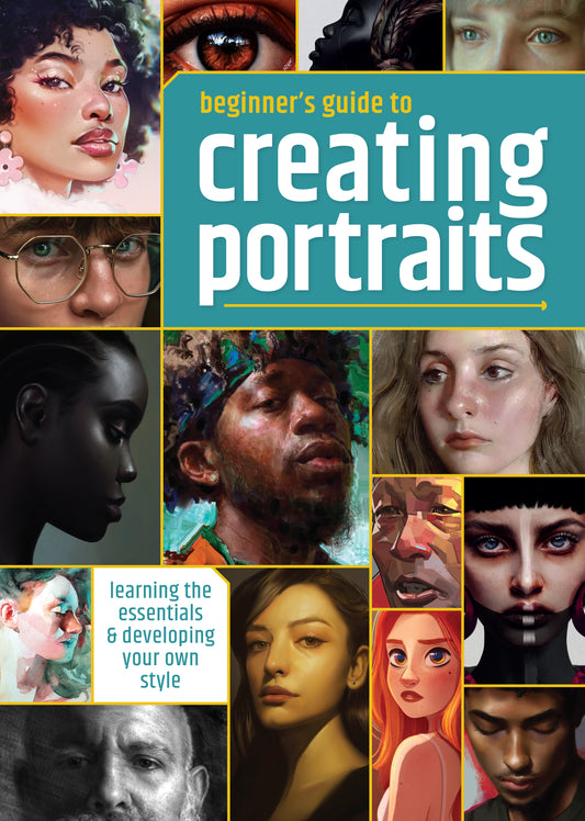 Cover of 'Beginner's Guide to Creating Portraits' book, showing a collage of close-up faces, including cartoon and realistic.