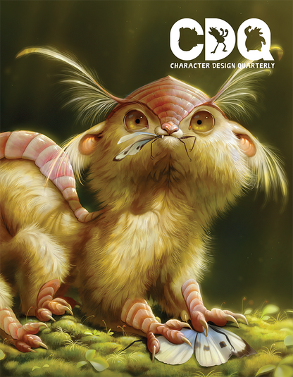 Character Design Quarterly cover of an illustration of a mythical critter eating a butterfly