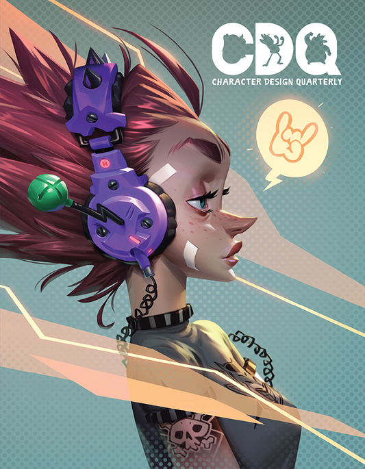 Character Design Quarterly cover of an illustration of a punk rock woman with over-the-headphones. 
