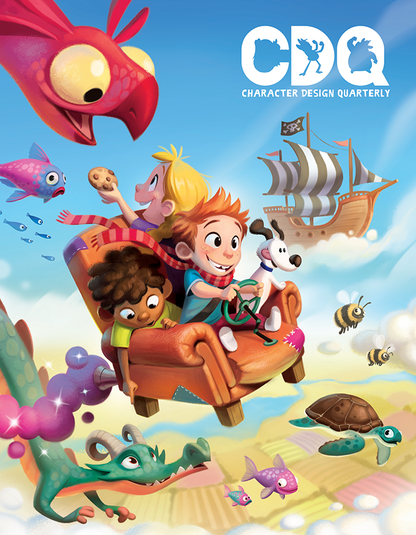 Character Design Quarterly cover of an illustration of three children's imaginations 