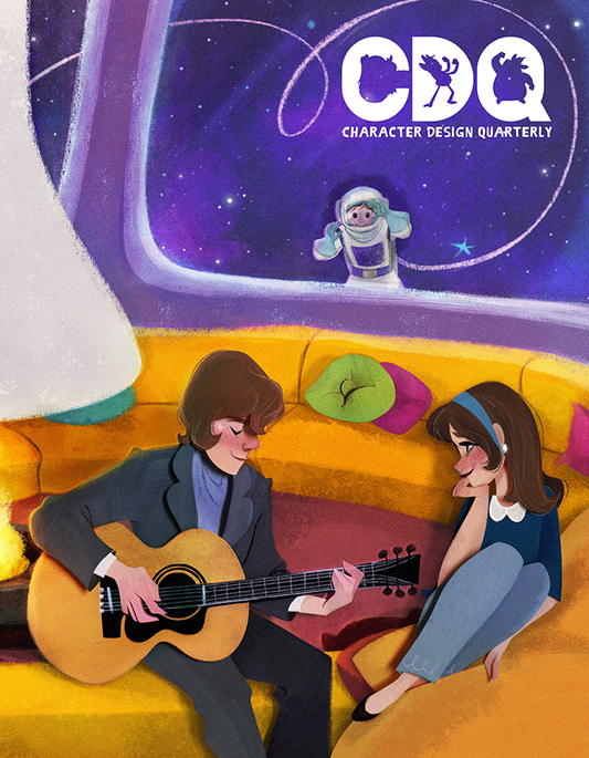 Character Design Quarterly cover of a paper-crafted a man playing a guitar to a girl in a spaceship 