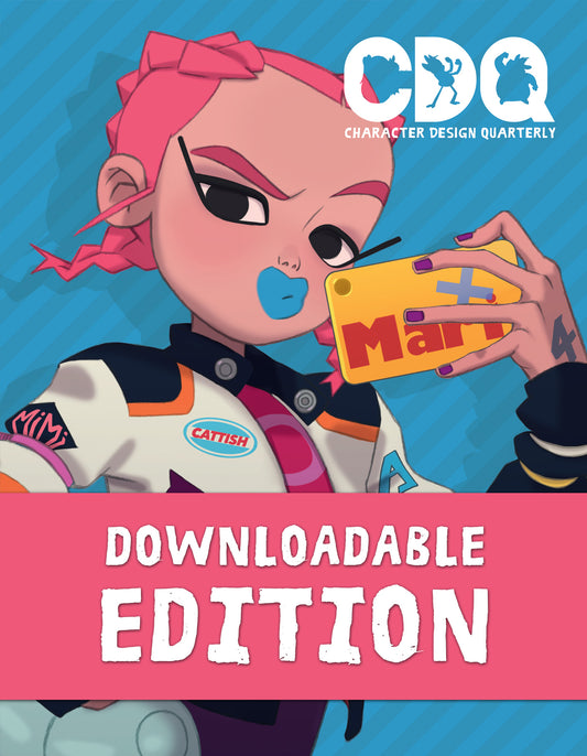 Character Design Quarterly cover of an illustration of a pink-haired woman wearing blue lipstick taking a photo