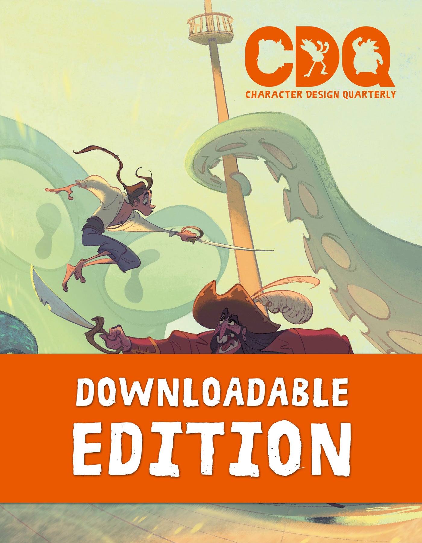 Character Design Quarterly cover of an illustration of pirates fighting on a ship, with a giant tentacle monster in the background