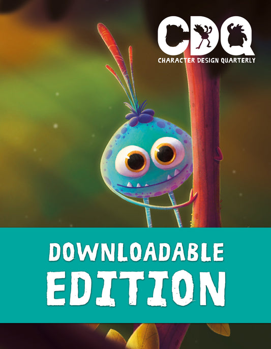 Character Design Quarterly cover of an illustration of a small, blue, round, alien creature standing on a twig