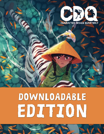 Character Design Quarterly cover of an illustration of an Asian woman riding a swimming white tiger 